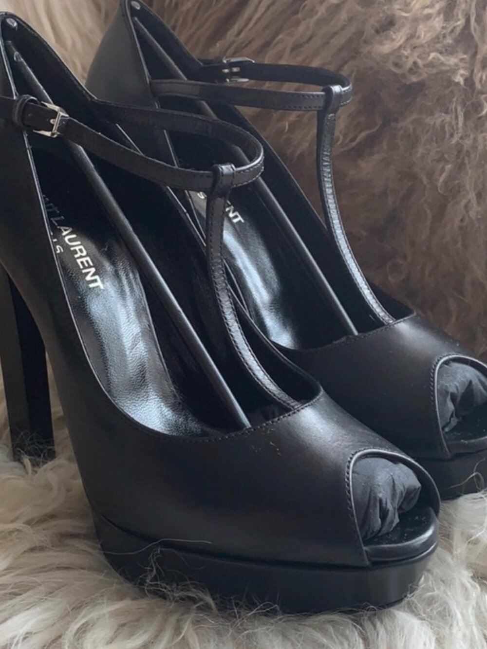 Saint Laurent T Strap Peep Toe Platform Heels Size 37 Black